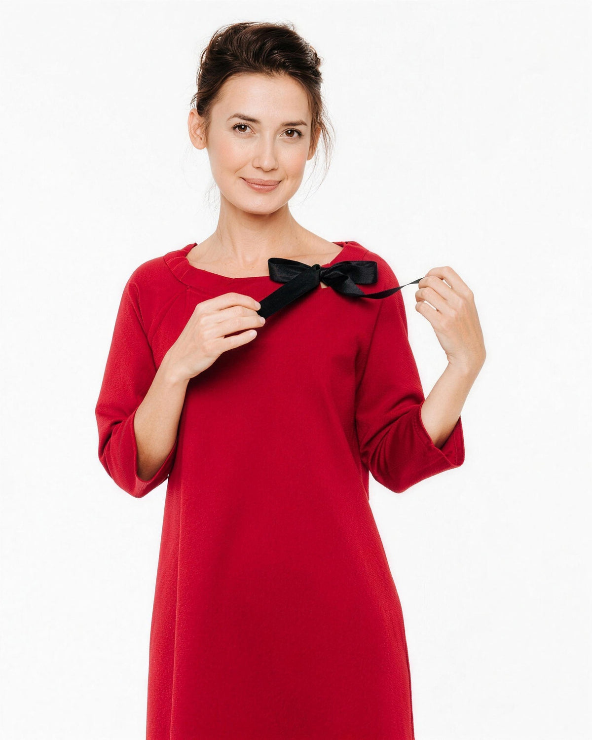 FRENCH – Italian Punto Milano Ribbon Neck A-Line Dress – red dress, close-up of the black satin ribbon tied at the gathered neckline #Color_Red
