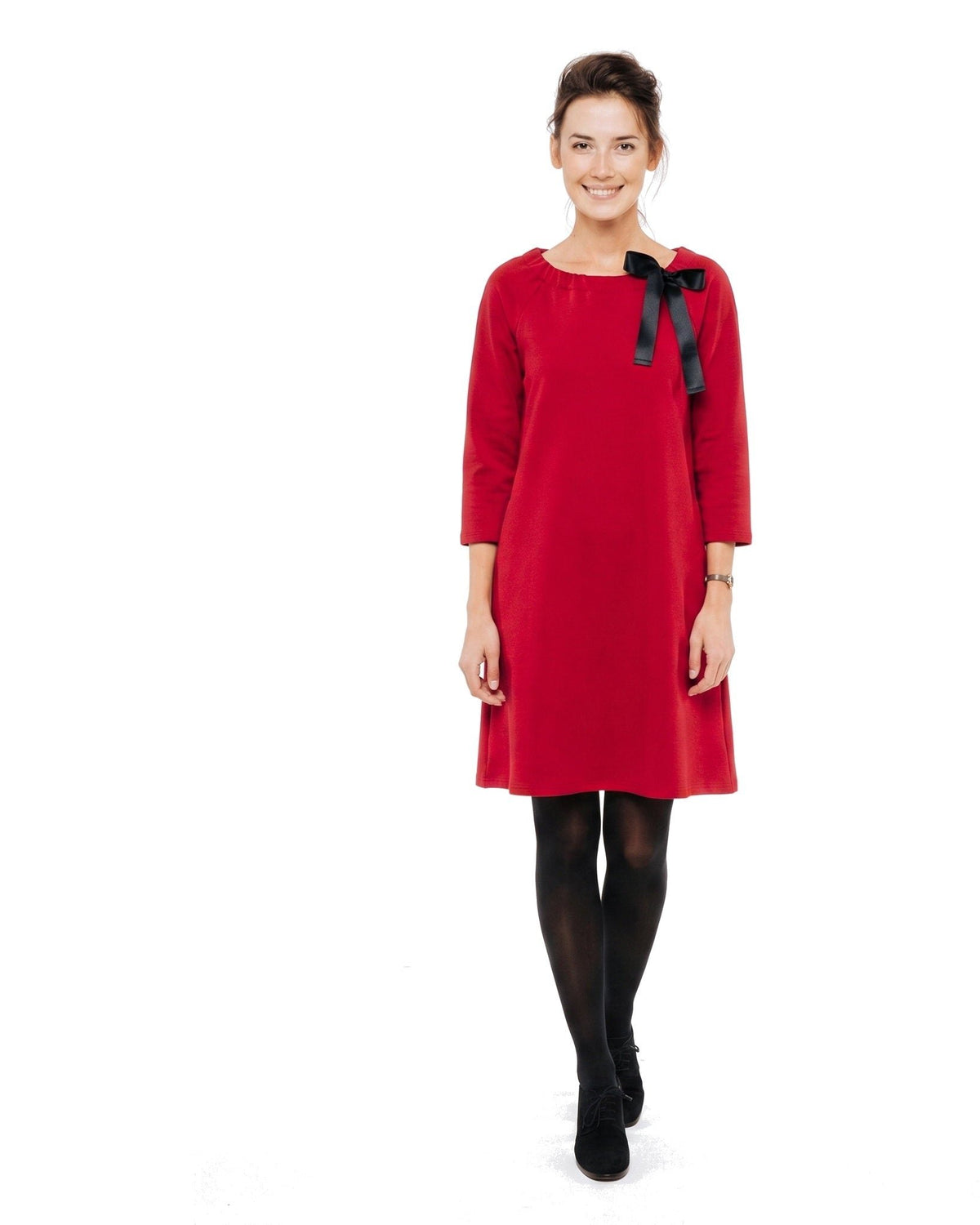 FRENCH – Italian Punto Milano Ribbon Neck A-Line Dress – red dress, front view: three-quarter sleeve knit A-line dress with a gathered round neckline and black satin ribbon bow, full length on a white background #Color_Red