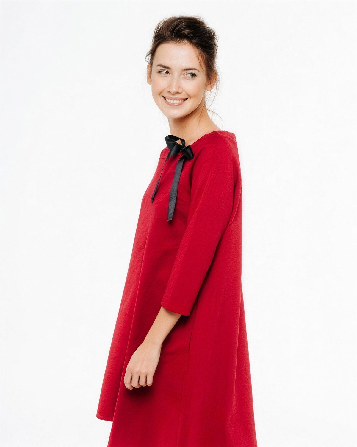 FRENCH – Italian Punto Milano Ribbon Neck A-Line Dress – red dress, three-quarter side view showing the A-line drape and black satin ribbon bow #Color_Red
