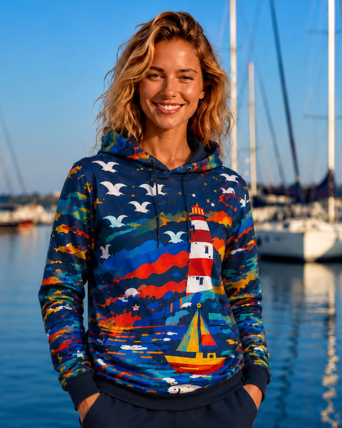 HARBOR – Nida Print Unisex Hoodie – Deep blue džemperis, lifestyle vaizdas prieplaukoje #Color_Deep blue