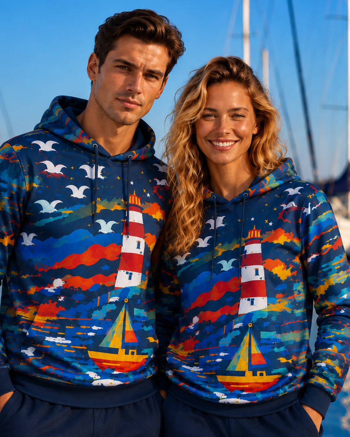HARBOR – Nida Print Unisex Hoodie – Deep blue džemperis, lifestyle vaizdas (unisex pora) #Color_Deep blue