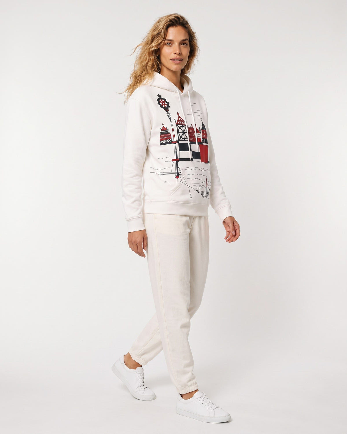 HARBOR – Nida Print Unisex Hoodie – White džemperis, šoninis vaizdas judesyje #Color_White