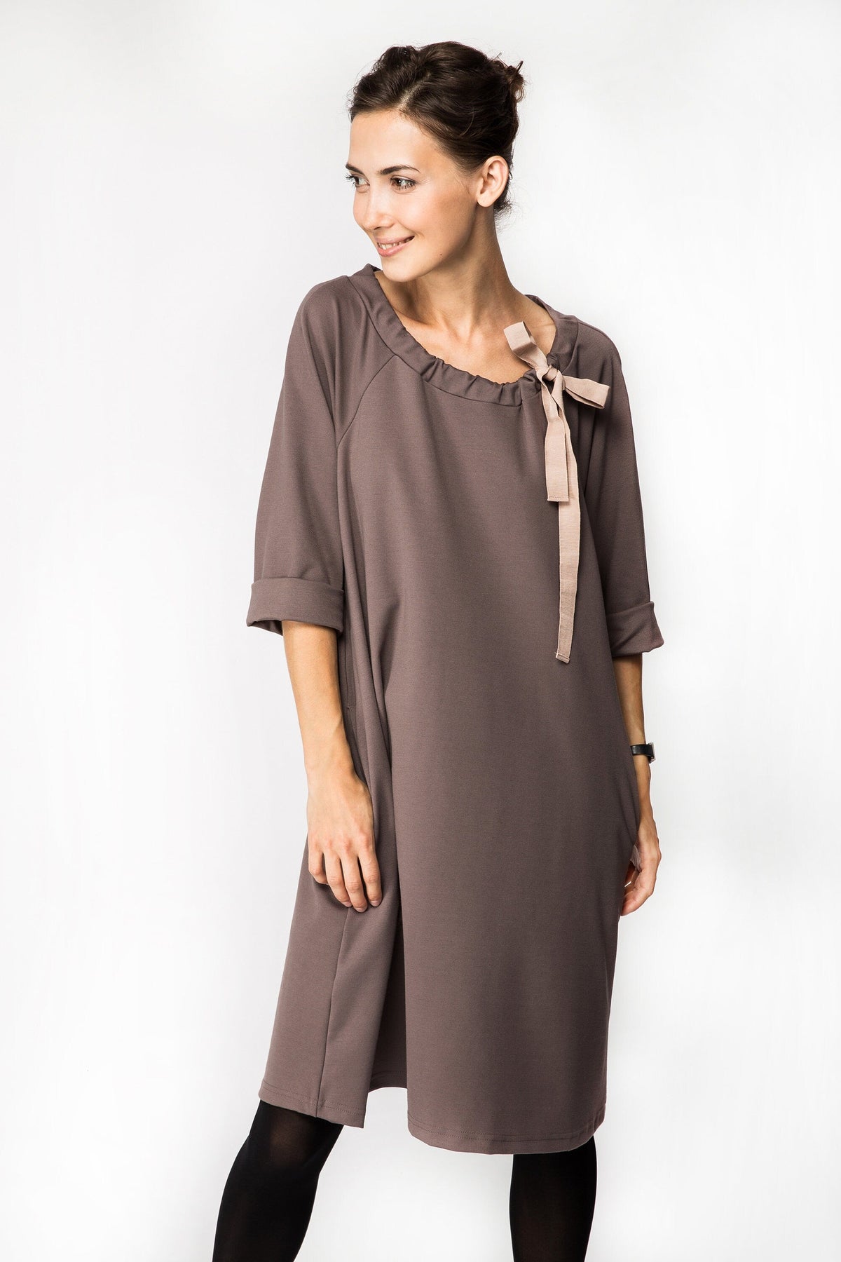 FRENCH – Italian Punto Milano Ribbon Neck A-Line Dress – cacao dress, three-quarter view with turned-up cuffs and beige ribbon bow #Color_Cacao