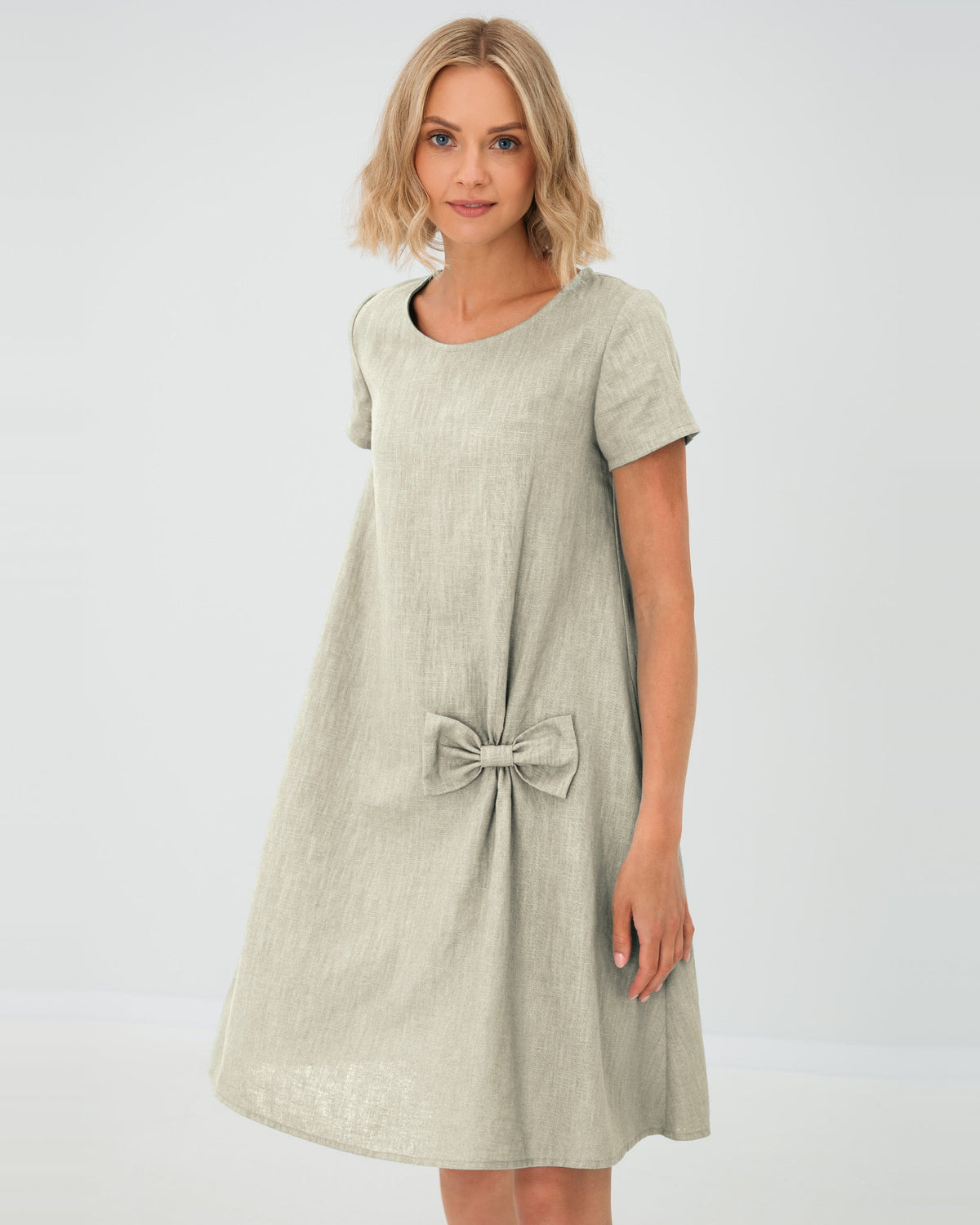 LeMuse SUMMER KISS linen dress in beige – studio front view #Color_Beige