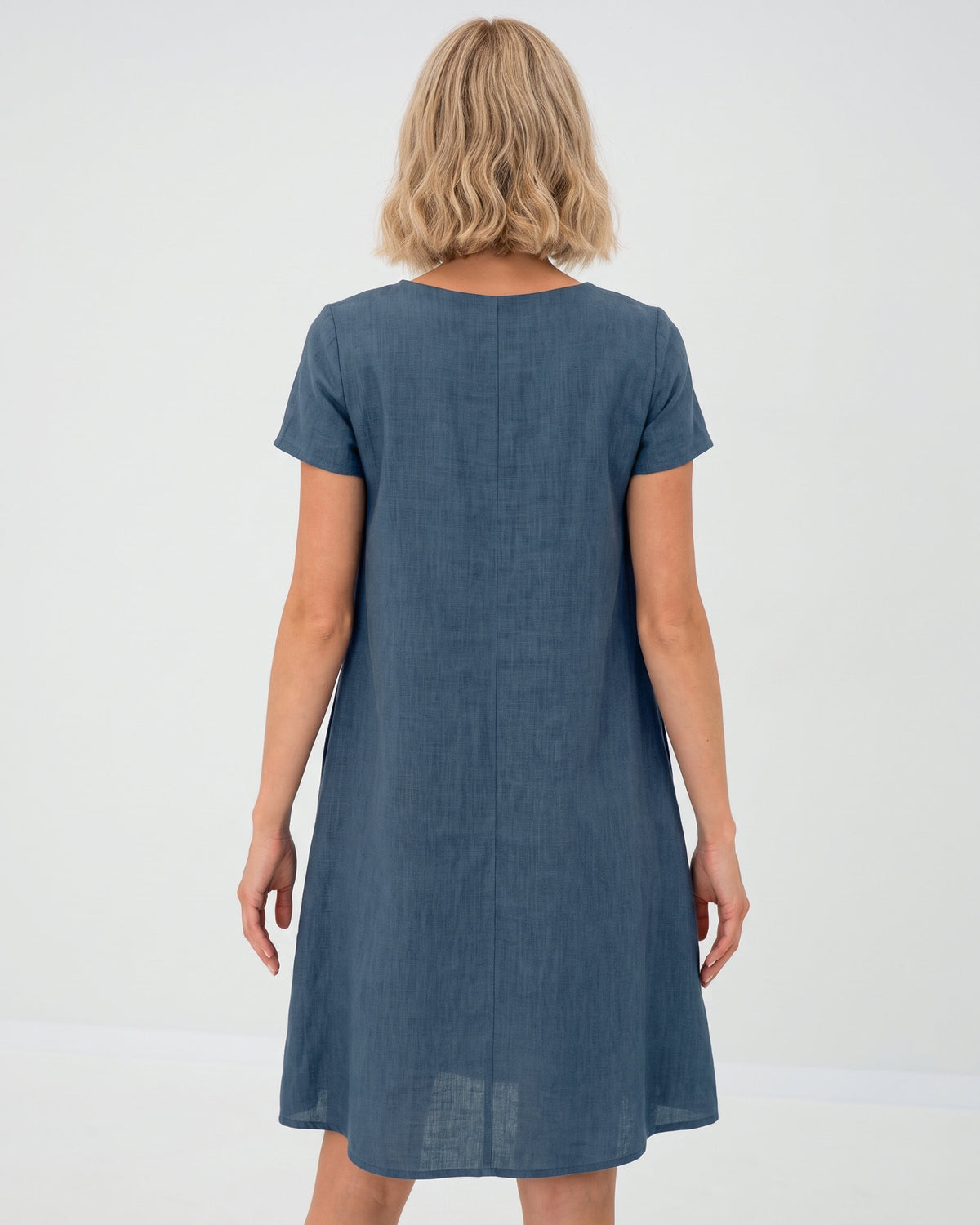 LeMuse SUMMER KISS linen dress in blue – studio back view #Color_Blue