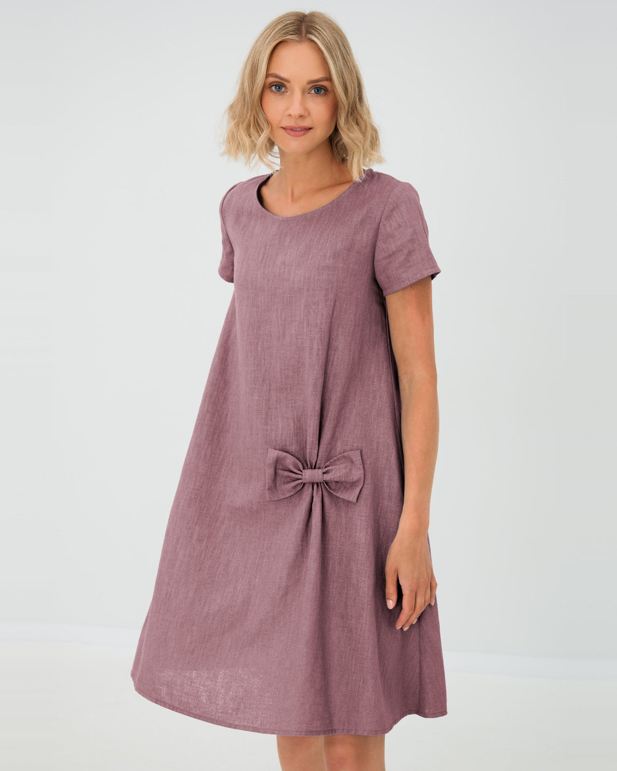 LeMuse SUMMER KISS linen dress in dusty rose – studio front view #Color_Dusty rose