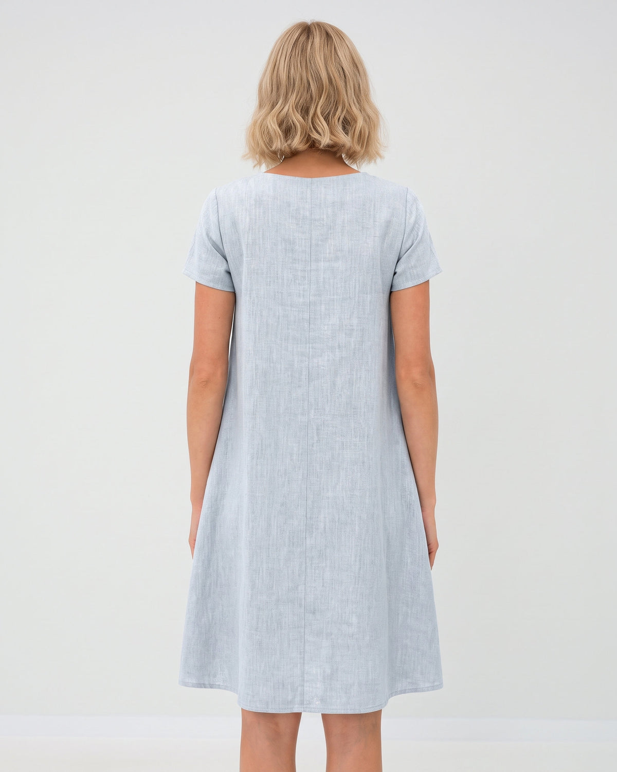 LeMuse SUMMER KISS linen dress in light blue – studio back view #Color_Light blue