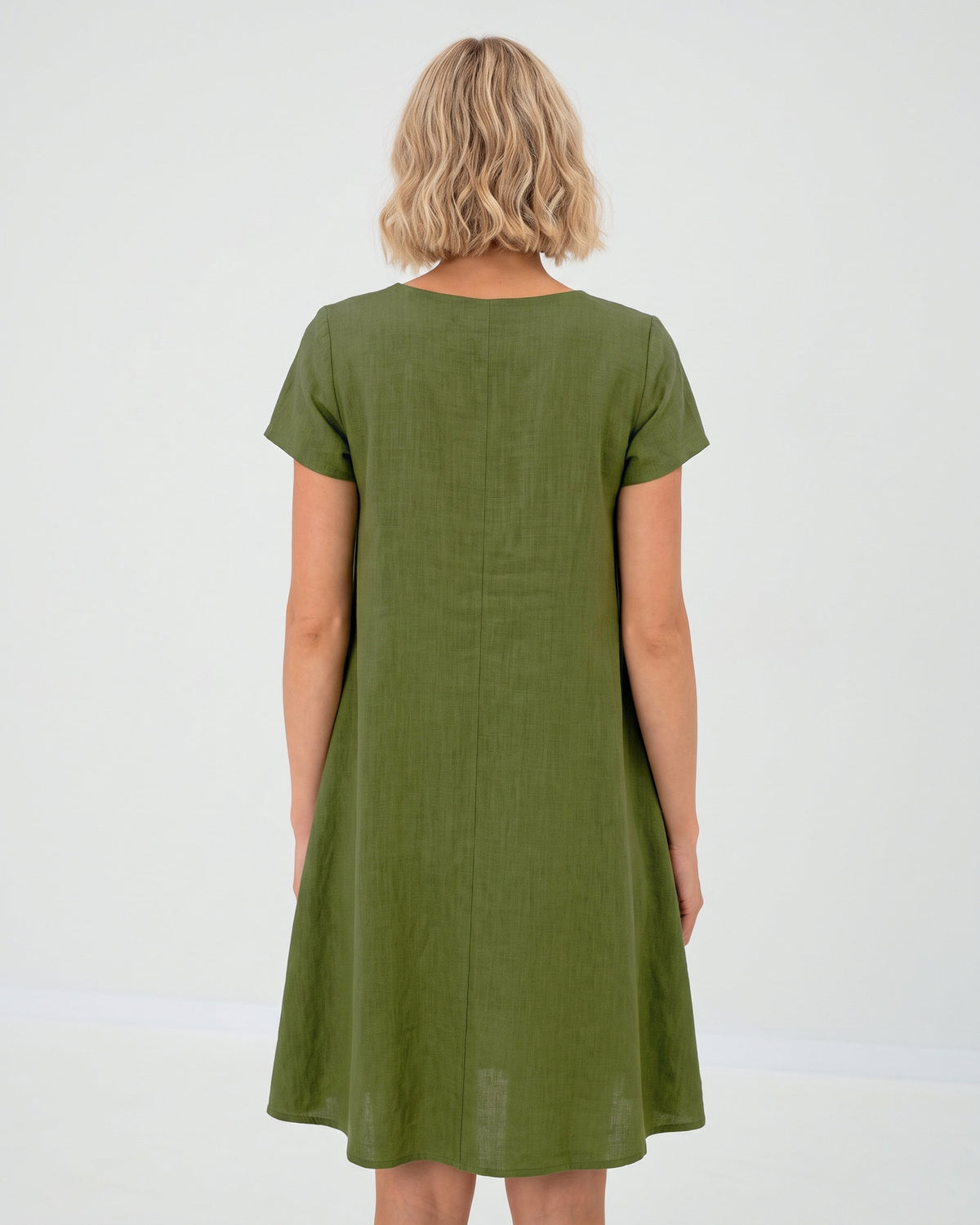 LeMuse SUMMER KISS linen dress in olive green – studio back view #Color_Olive green