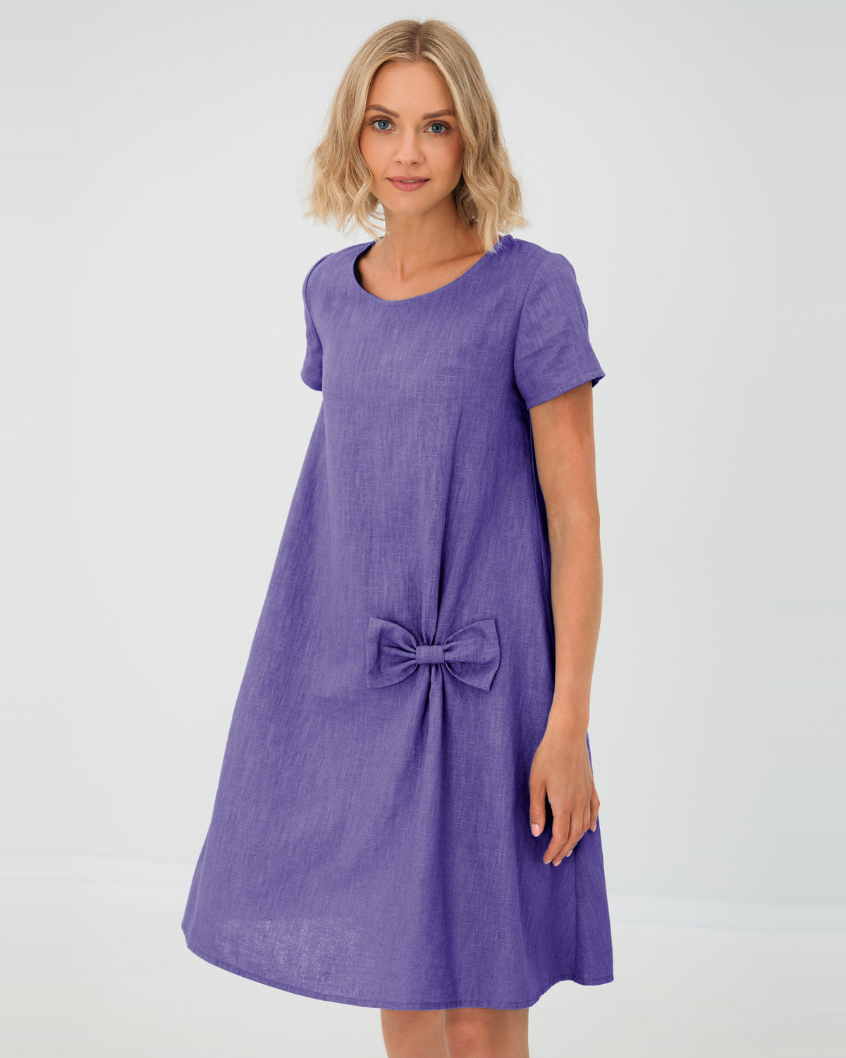 LeMuse SUMMER KISS linen dress in purple – studio front view #Color_Purple