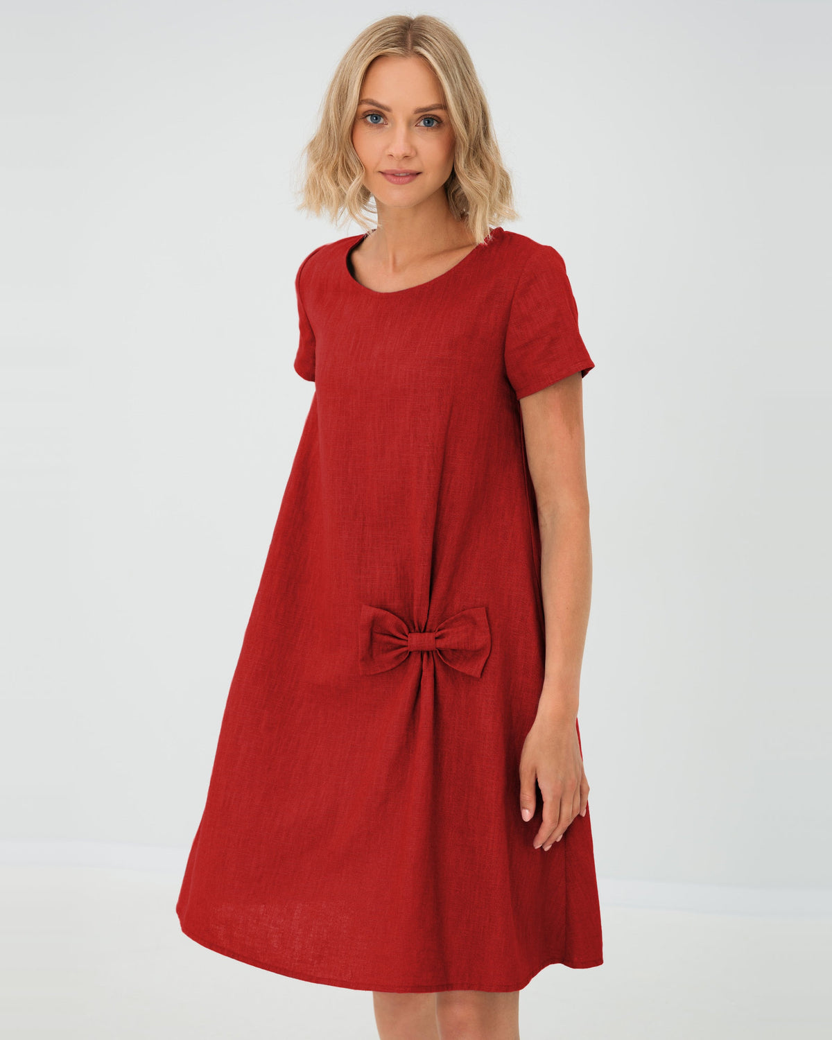 LeMuse SUMMER KISS linen dress in red – studio front view #Color_Red