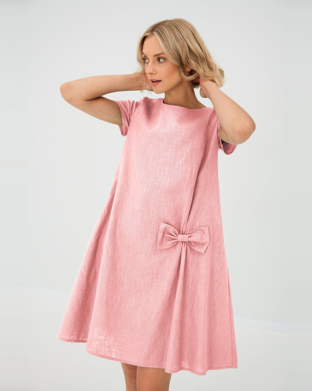 LeMuse SUMMER KISS linen dress in rose – studio front view, hands in hair #Color_Rose