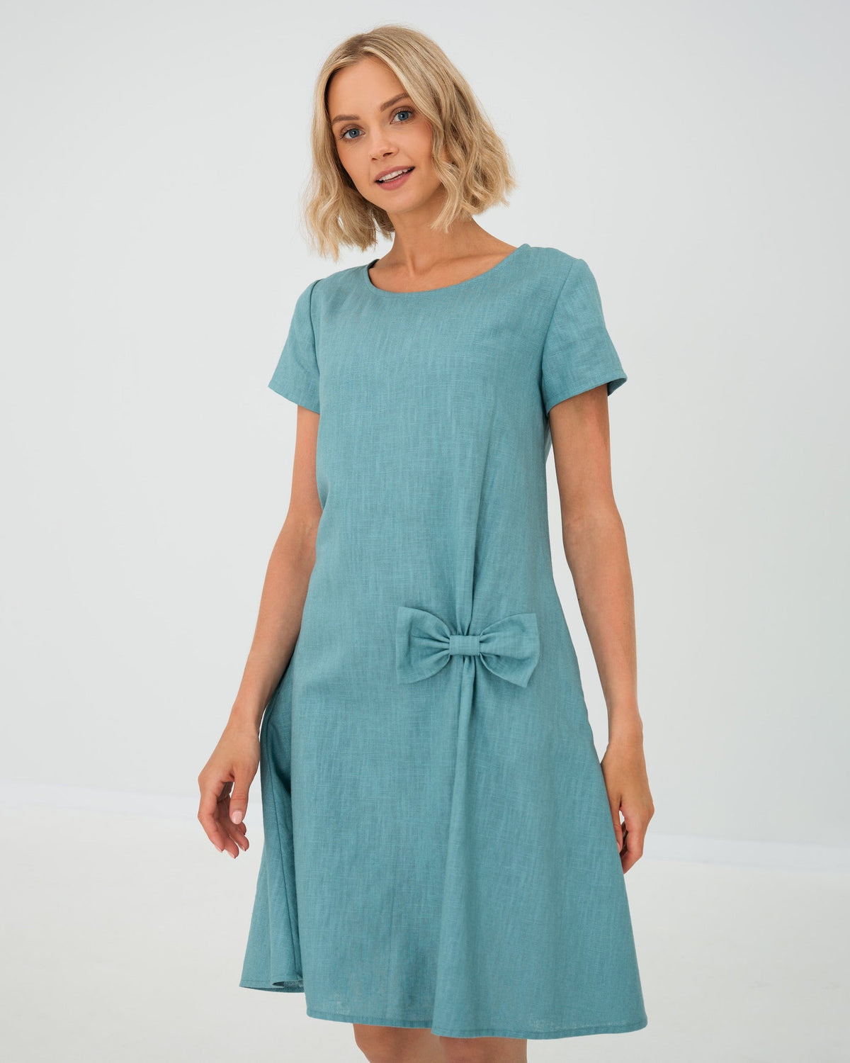 LeMuse SUMMER KISS linen dress in teal – studio front view #Color_Teal