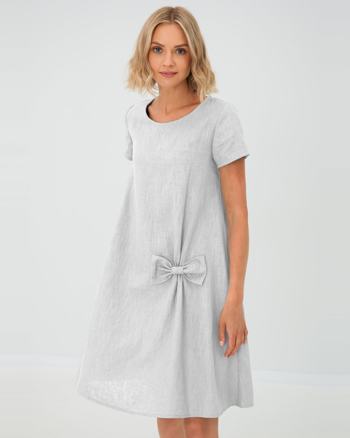 LeMuse SUMMER KISS linen dress in white – studio front view #Color_White