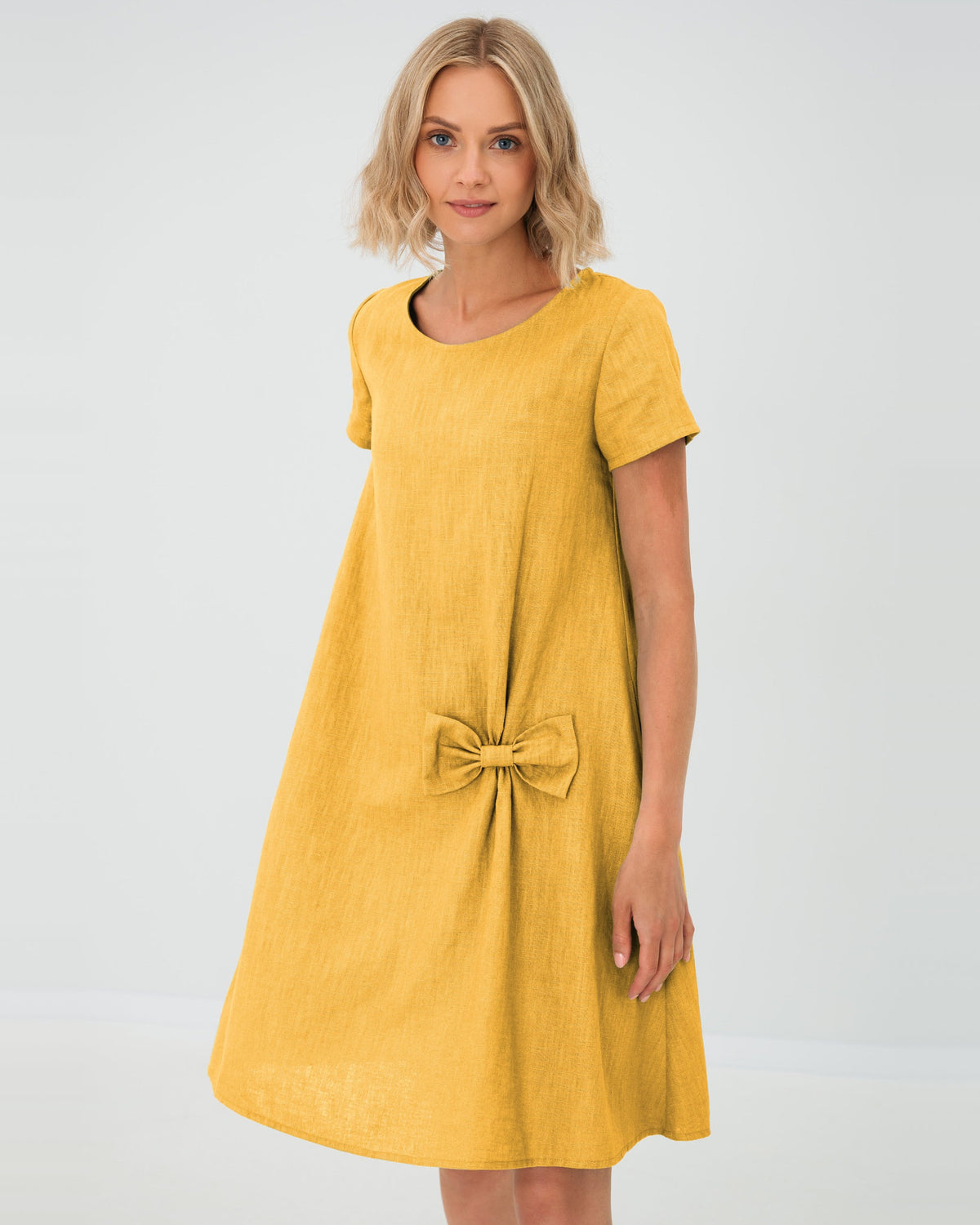LeMuse SUMMER KISS linen dress in yellow – studio front view #Color_Yellow