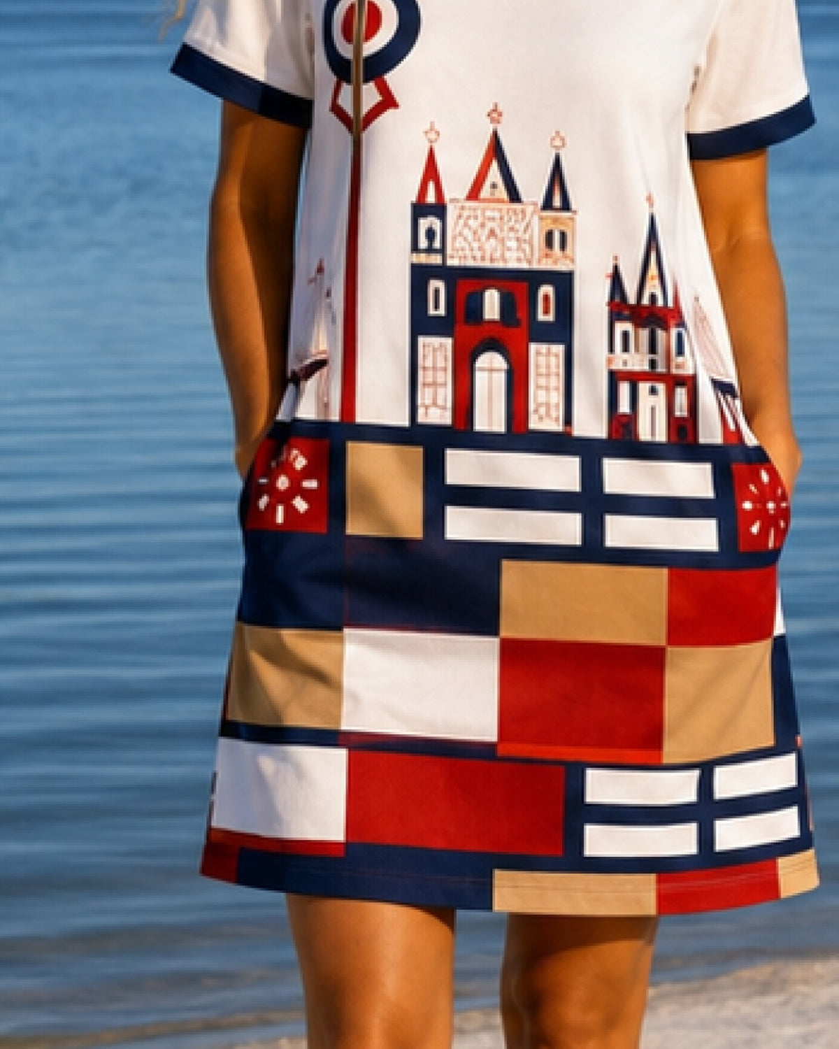 LAGOON – Nida Print Contrast Trim Dress – White suknelė, audinio / Nida rašto detalė #Color_White