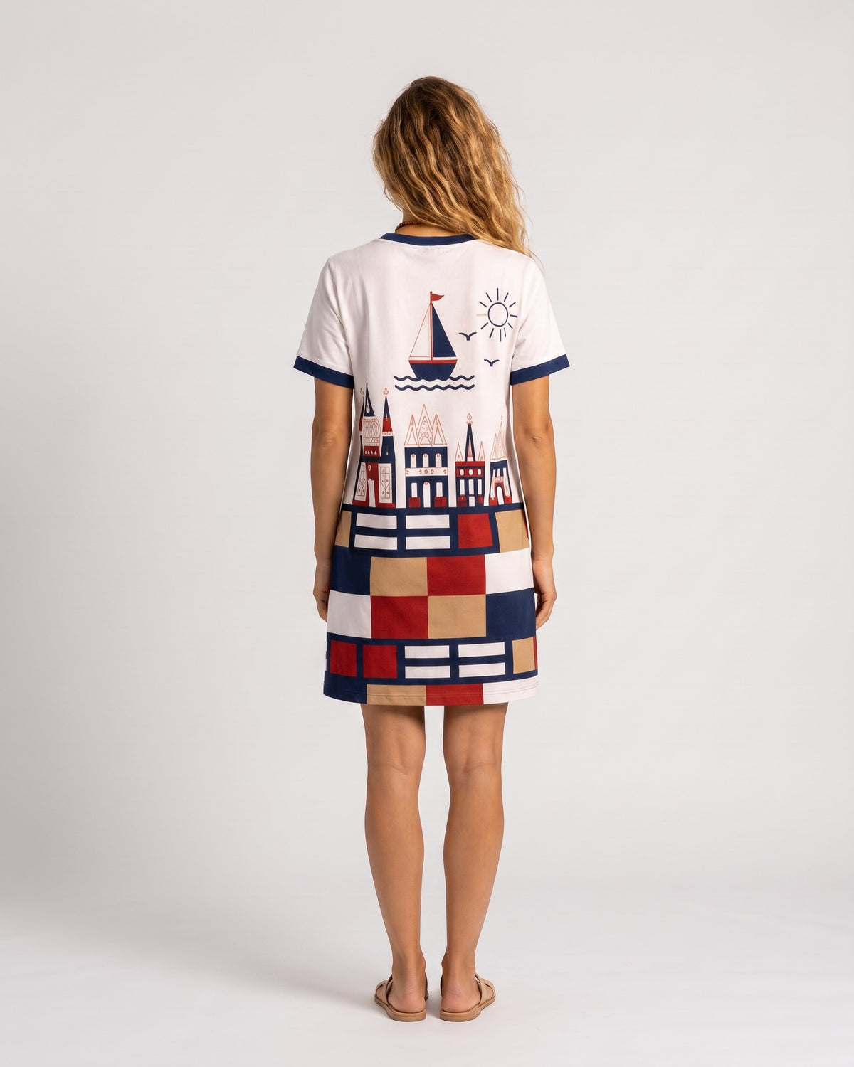 LAGOON – Nida Print Contrast Trim Dress – White suknelė, nugara #Color_White