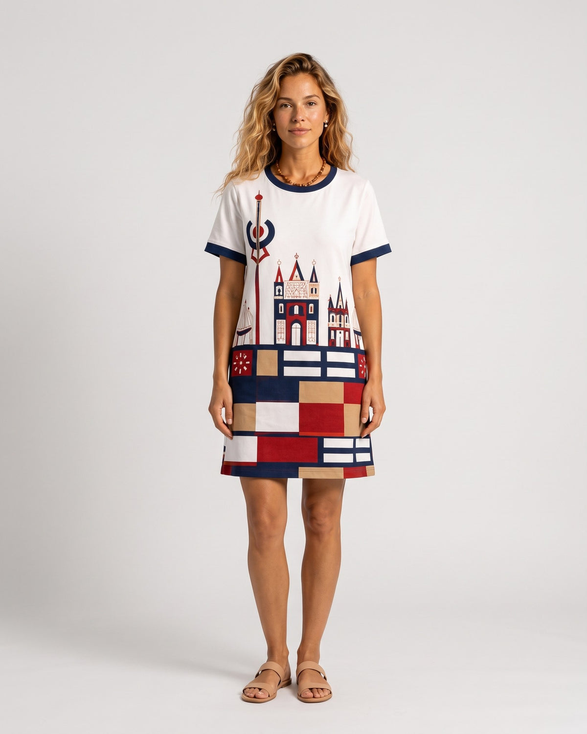 LAGOON – Nida Print Contrast Trim Dress – White suknelė, priekis pilnu ūgiu #Color_White