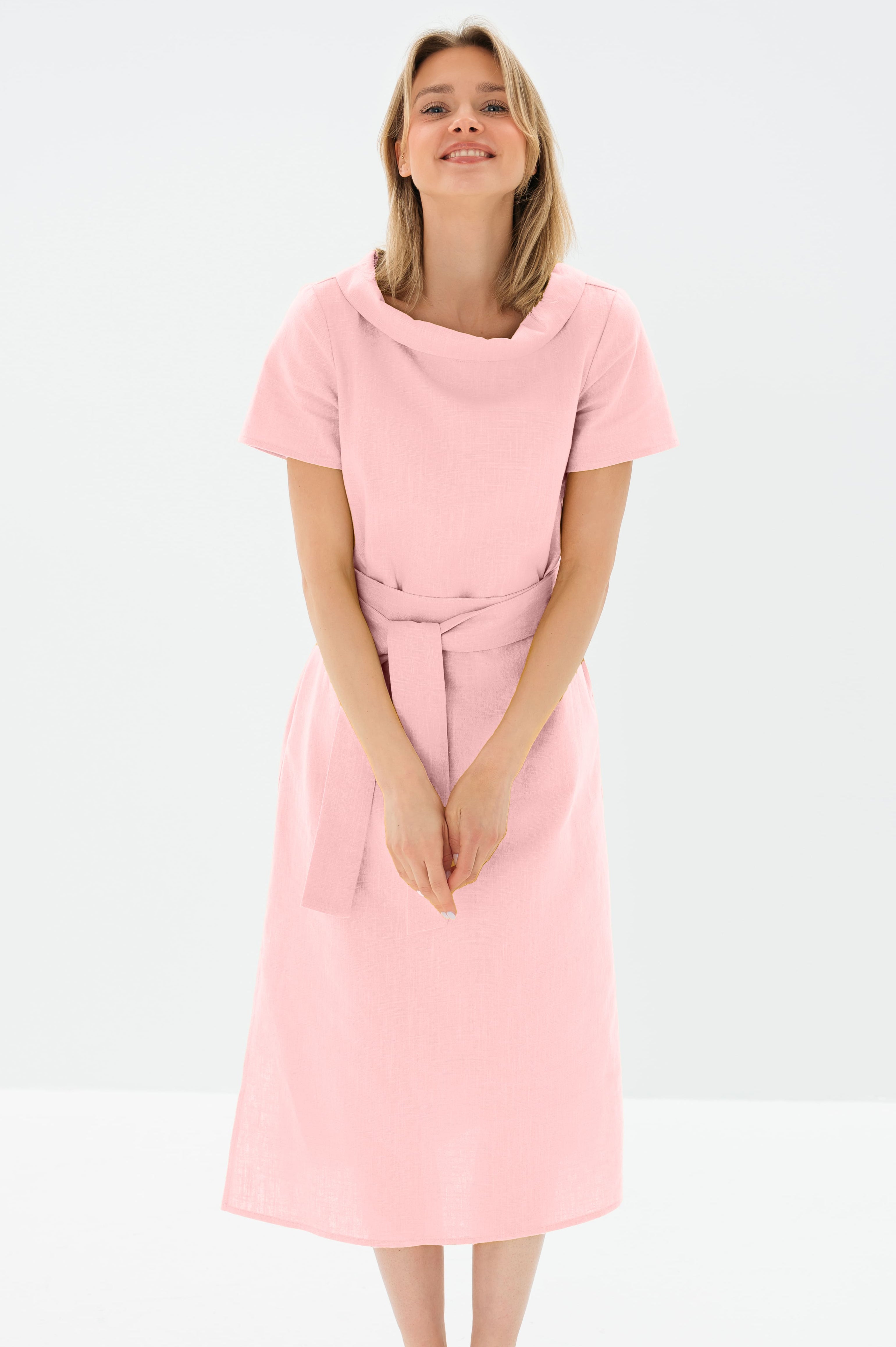 LONG STORY — Short-Sleeve Belted Linen Midi Dress — Rose#Color_Rose