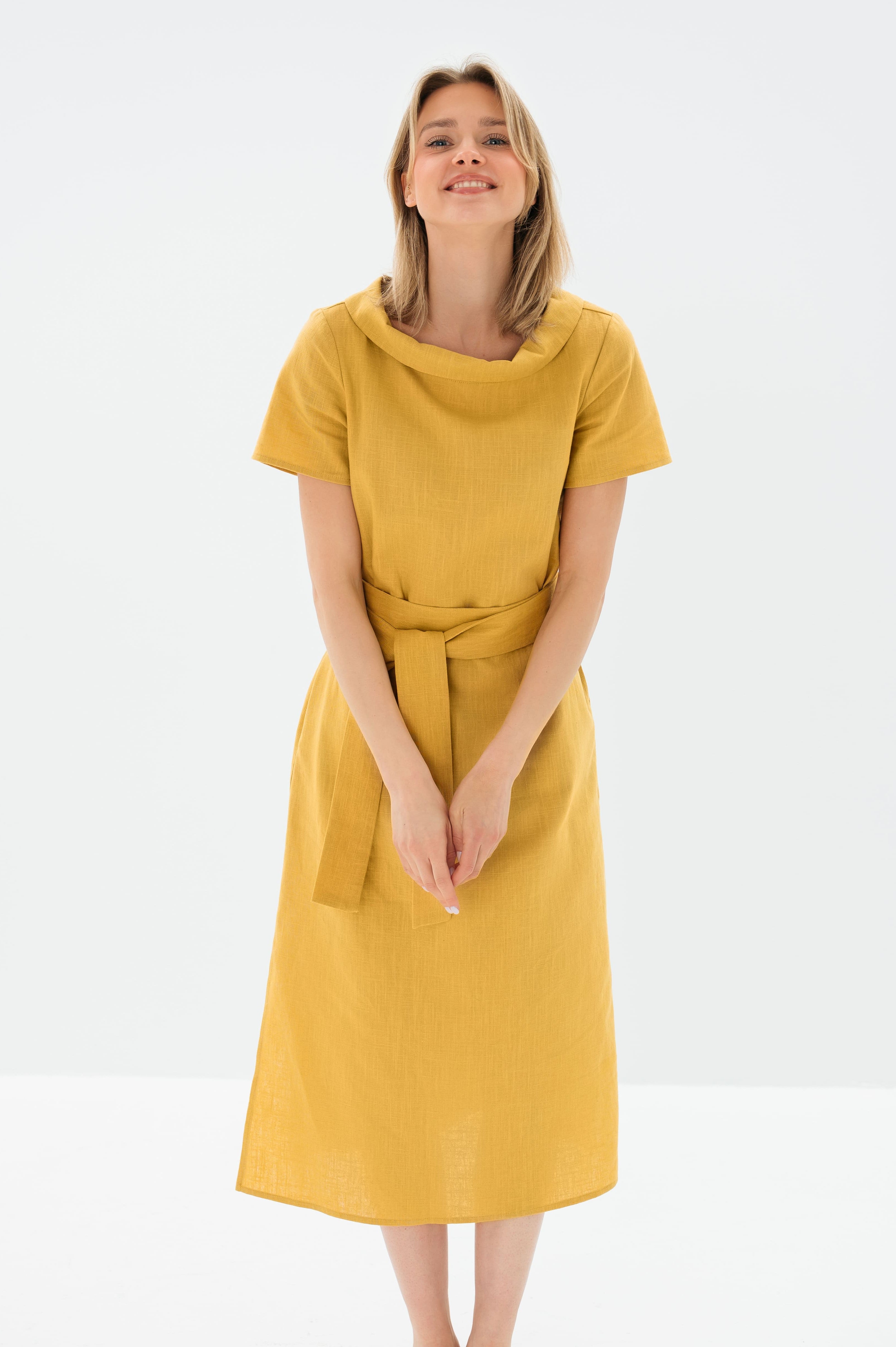 LONG STORY — Short-Sleeve Belted Linen Midi Dress — Yellow#Color_Yellow