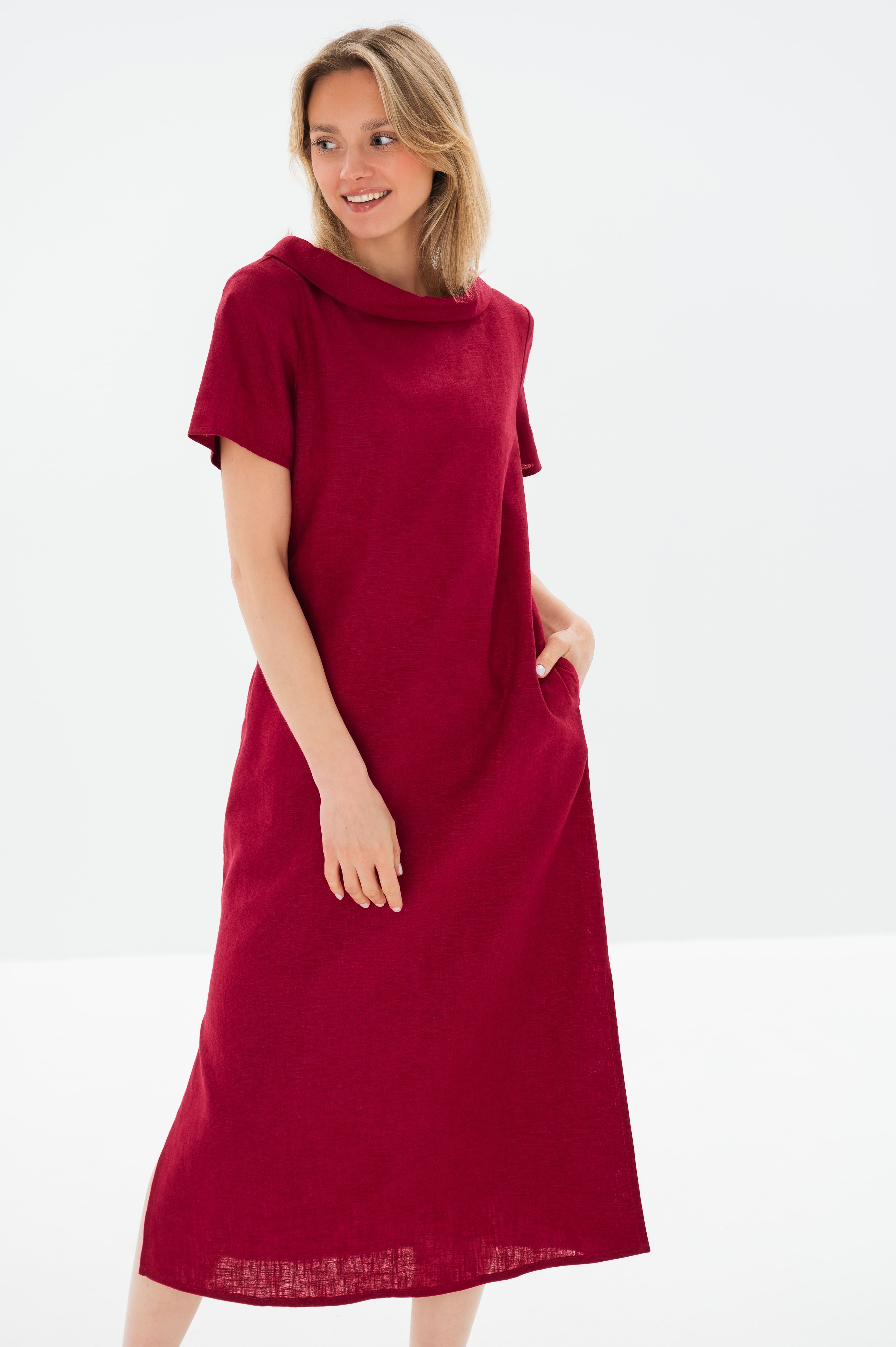 LONG STORY — Short-Sleeve Belted Linen Midi Dress — Cerise#Color_Cerise