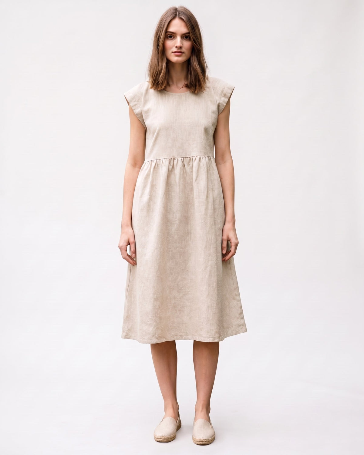 LeMuse LUNA linen dress in beige – model front full length #Color_Beige