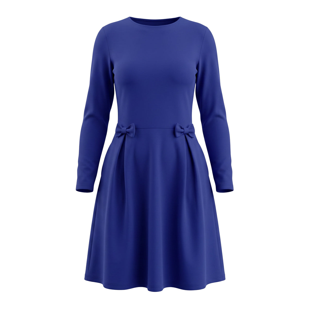A royal blue long-sleeve knee-length dress with a structured waist and bow details.