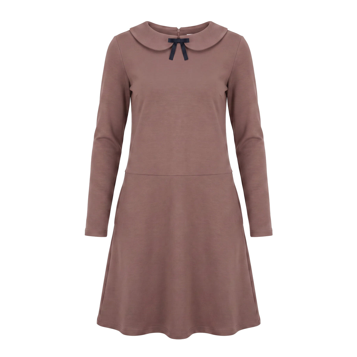 A long-sleeve A-line dress in a dusty mauve-brown color with a small dark navy bow at the neckline, shown against a plain white background.