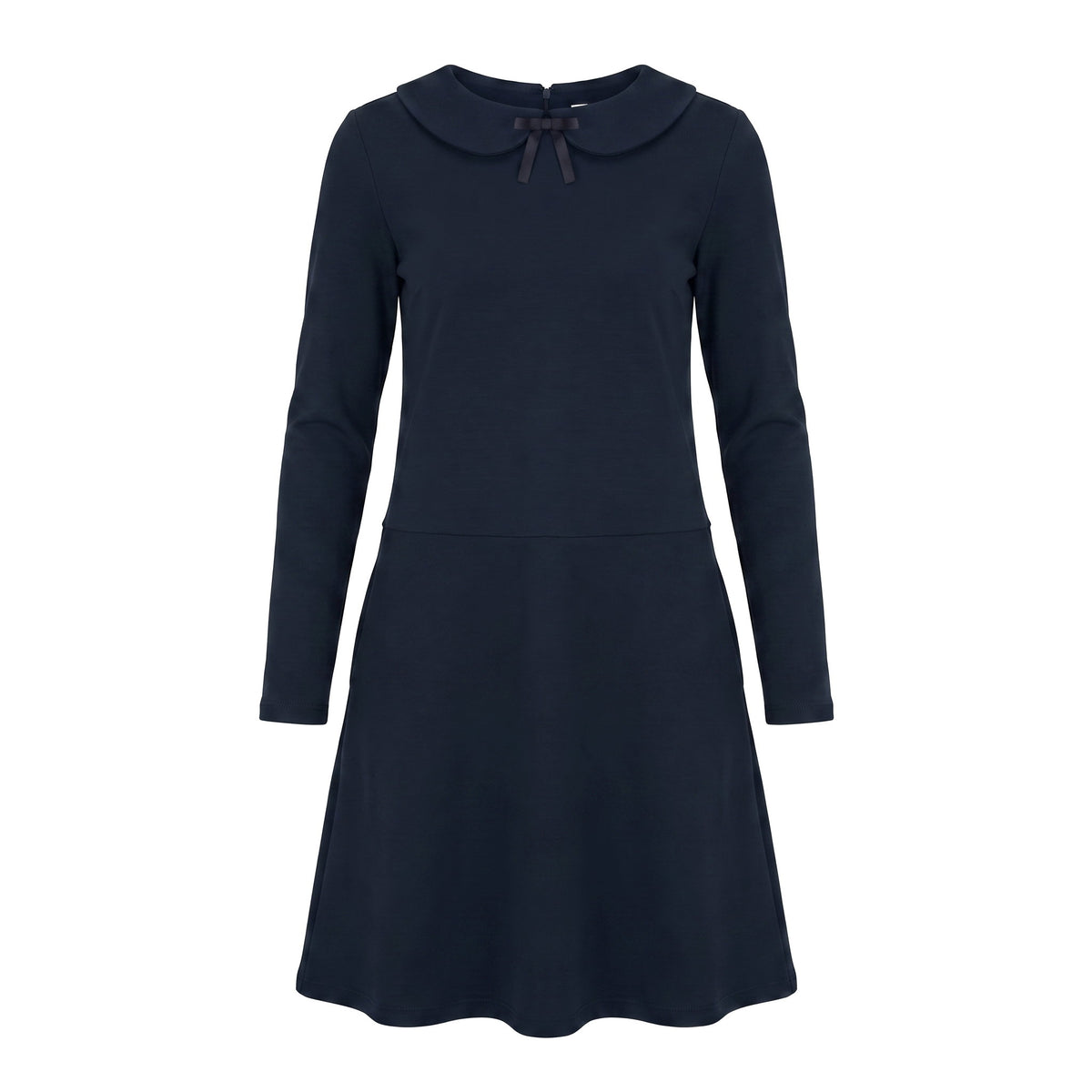 A long-sleeve A-line dress in a dark blue color with a small dark navy bow at the neckline, shown against a plain white background.