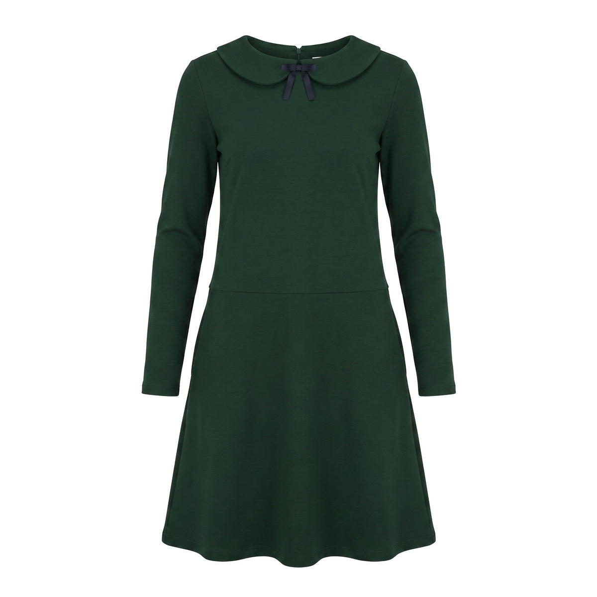 A long-sleeve A-line dress in a dark green color with a small dark navy bow at the neckline, shown against a plain white background.
