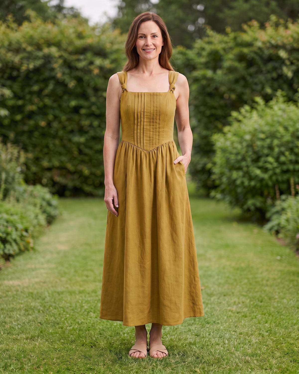 SERENADE – ochros spalvos lininė suknelė, sodas #Color_Ochre