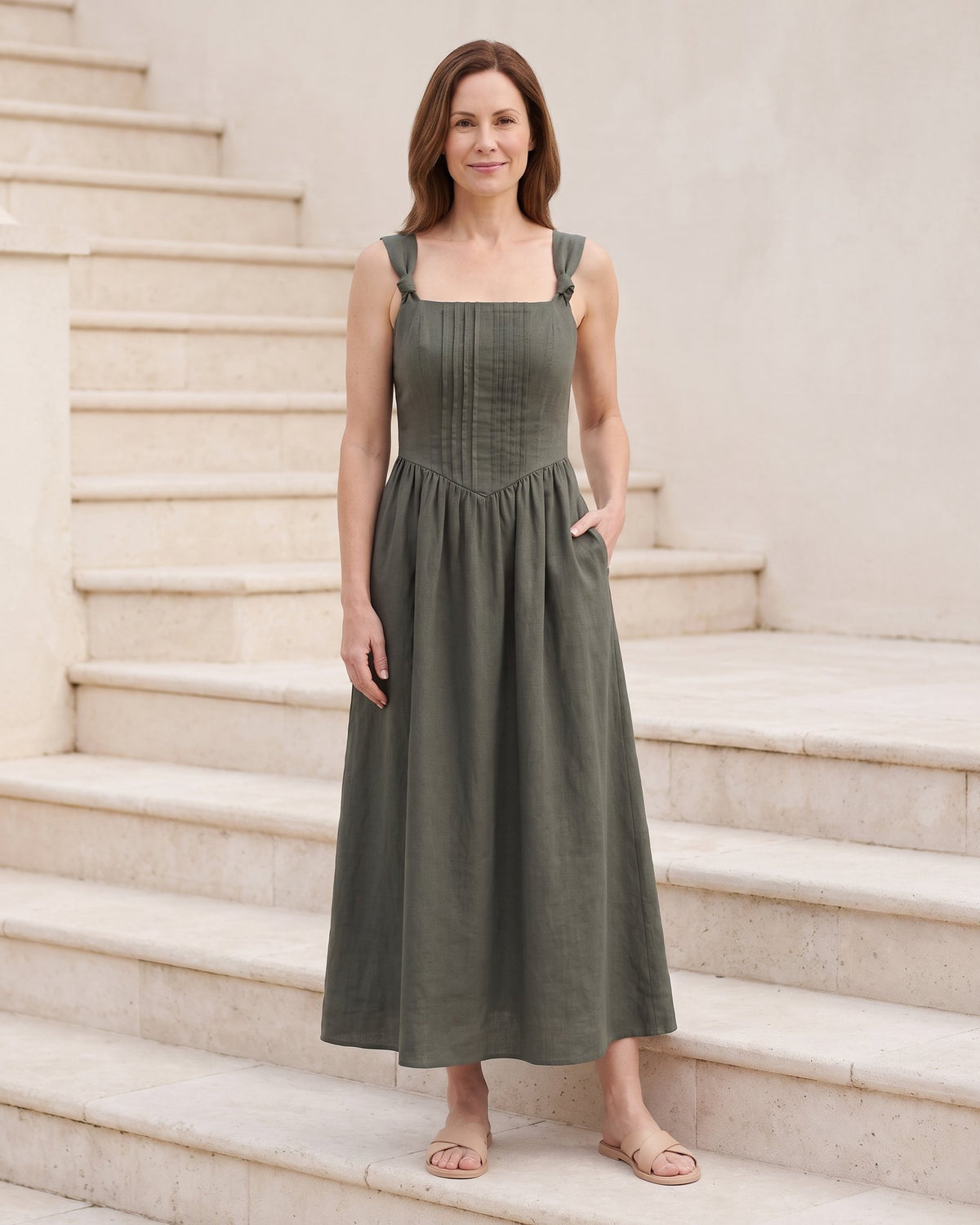 SERENADE – alyvuogių žalia lininė suknelė, laiptai #Color_Olive green