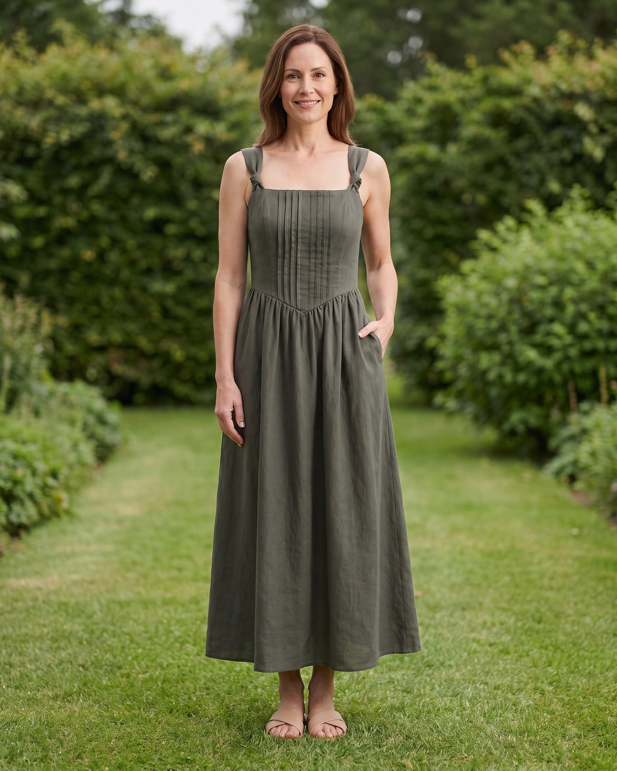 SERENADE – alyvuogių žalia lininė suknelė, sodas #Color_Olive green