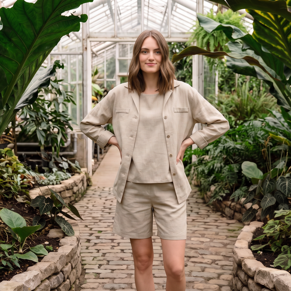 SIMPLICITY – Pellavasekoitteiset korkeavyötäröiset shortsit — Beige