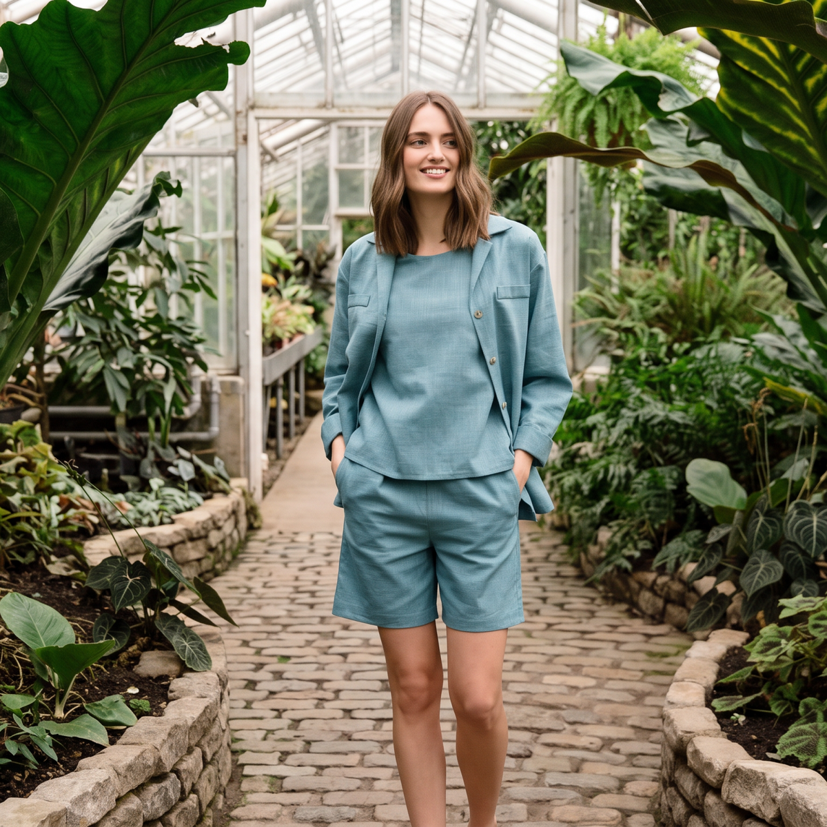SIMPLICITY – Pellavasekoitteiset korkeavyötäröiset shortsit — Teal