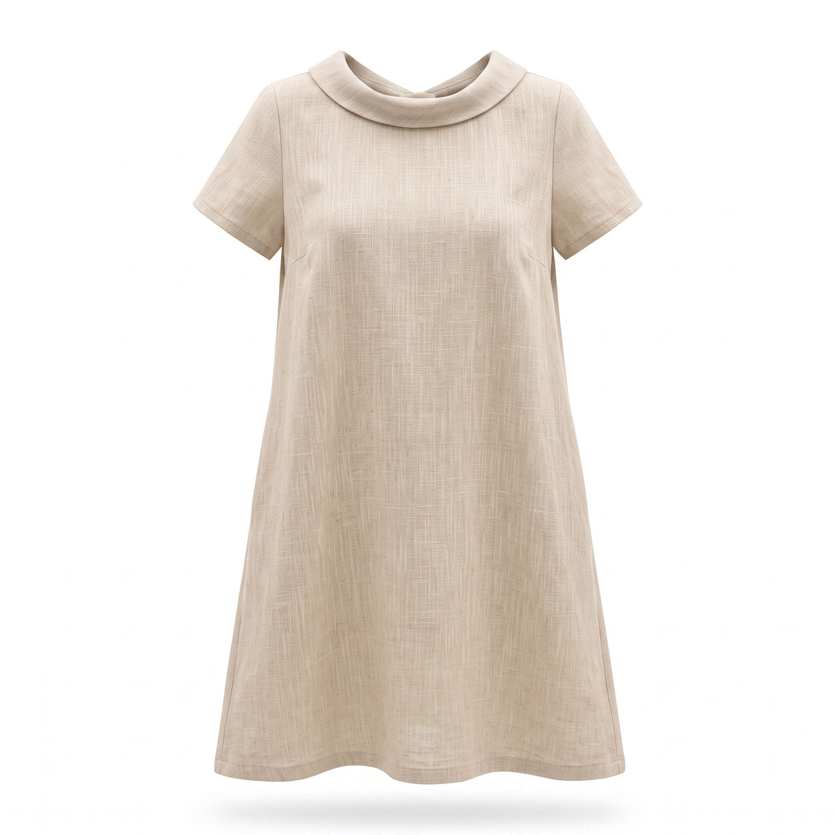 A beige short-sleeve dress with a wide collar and bow detail on the back.