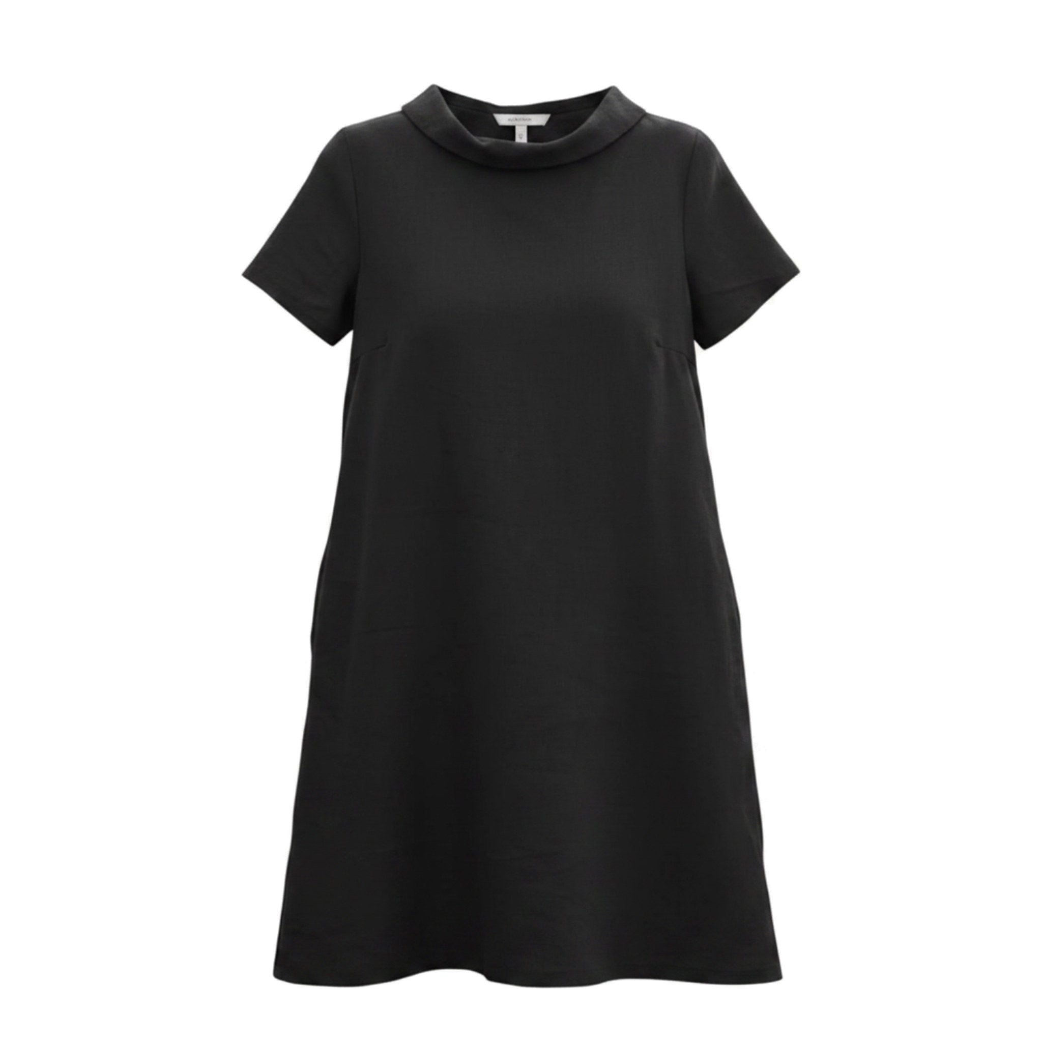 A black short-sleeve dress with a wide collar and bow detail on the back.