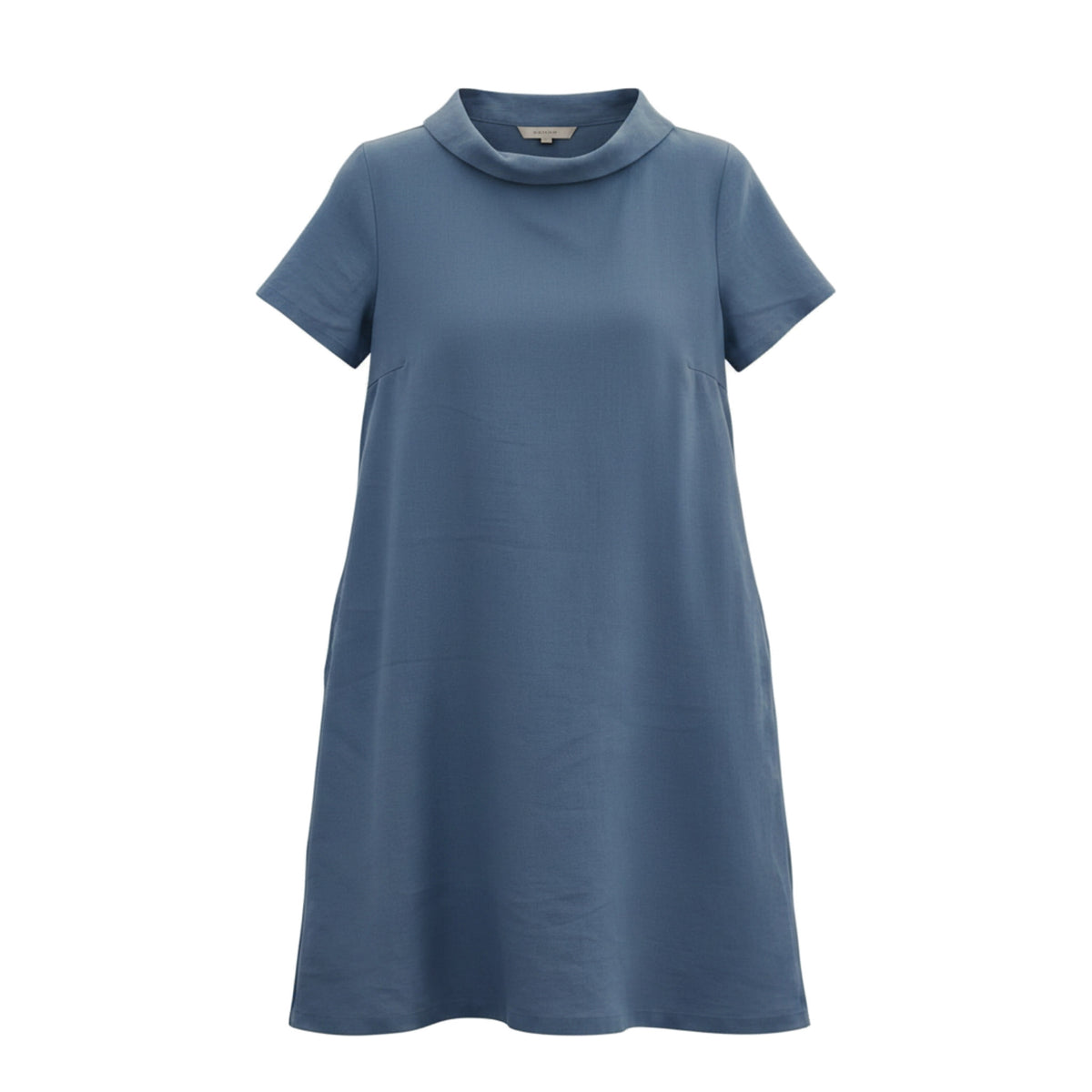 A blue short-sleeve dress with a wide collar and bow detail on the back.