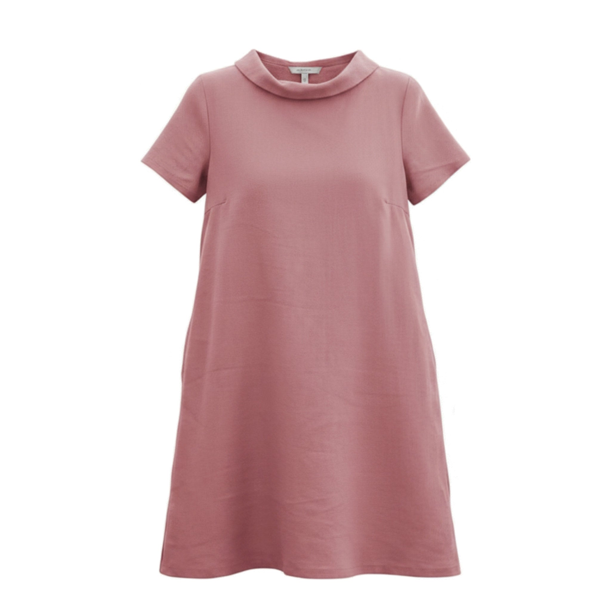 A dusty rose short-sleeve dress with a wide collar and bow detail on the back.