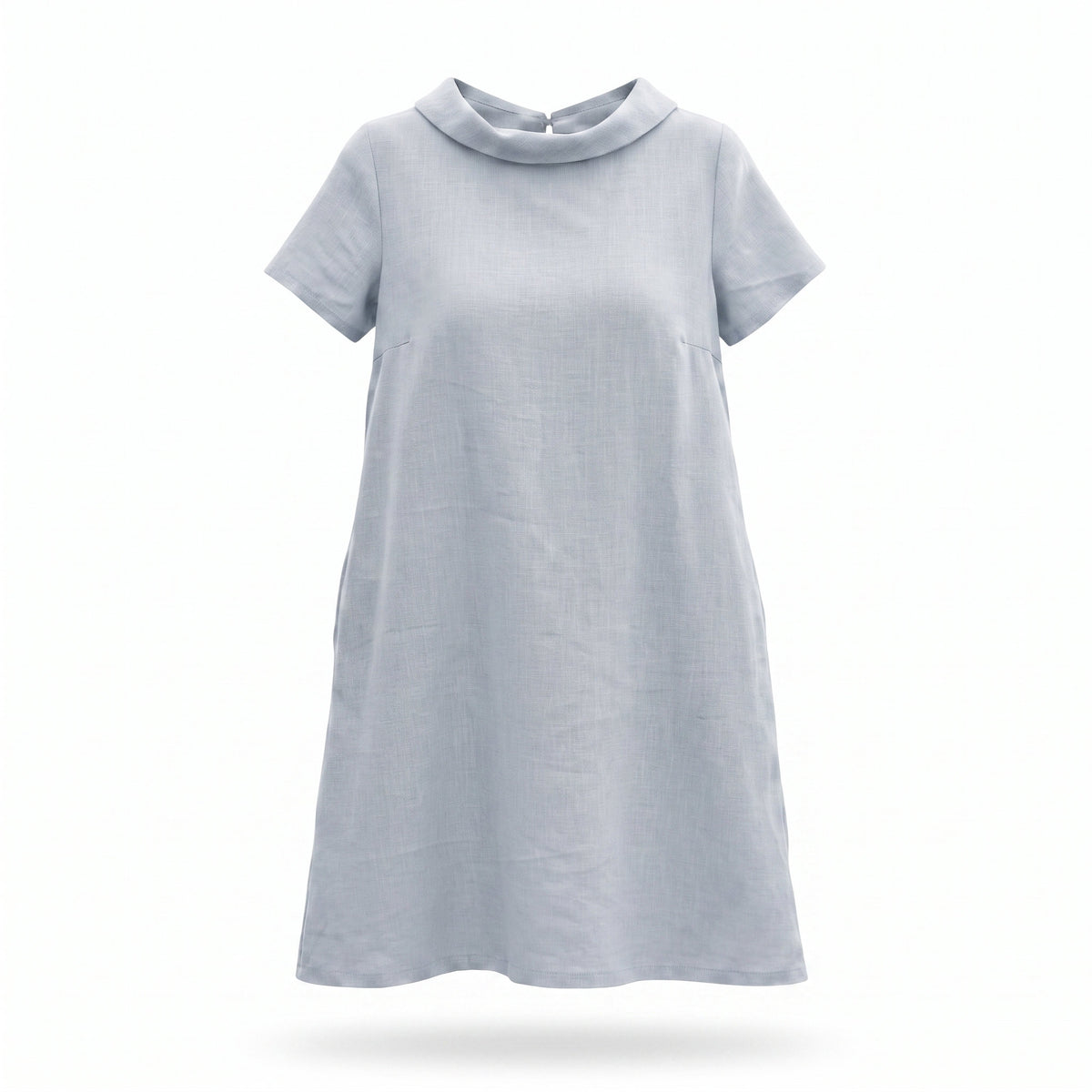 A light blue short-sleeve dress with a wide collar and bow detail on the back.