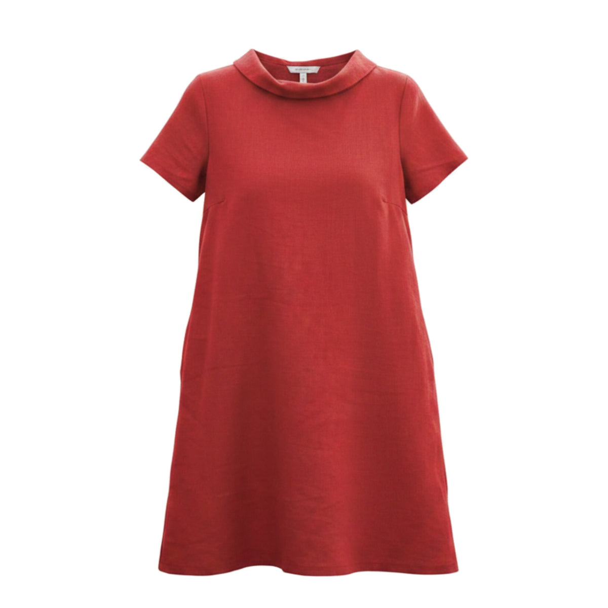 A red short-sleeve dress with a wide collar and bow detail on the back.
