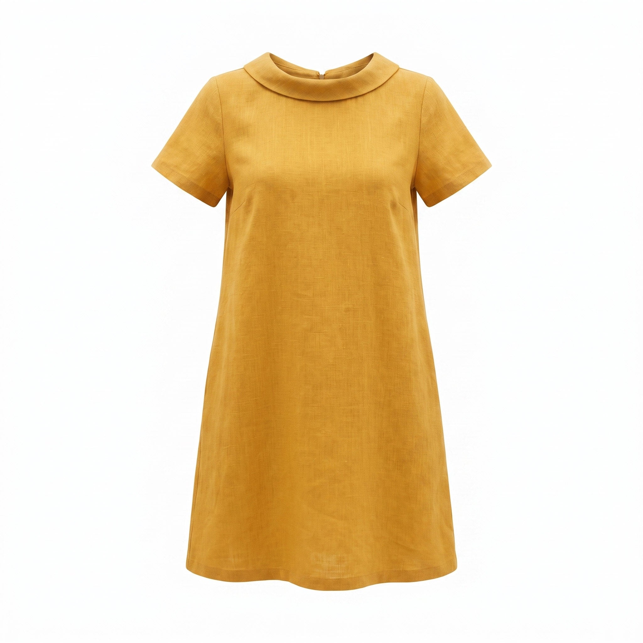 An yellow short-sleeve dress with a wide collar and bow detail on the back.