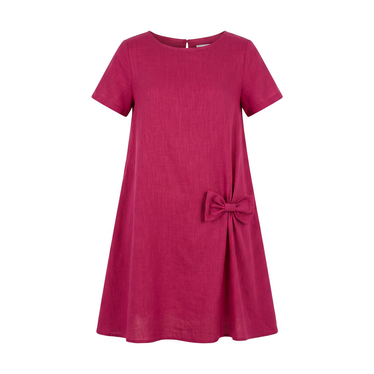 A short-sleeve A-line dress in a rich magenta pink fabric, featuring a matching fabric bow detail on the lower right side, displayed against a solid white background.