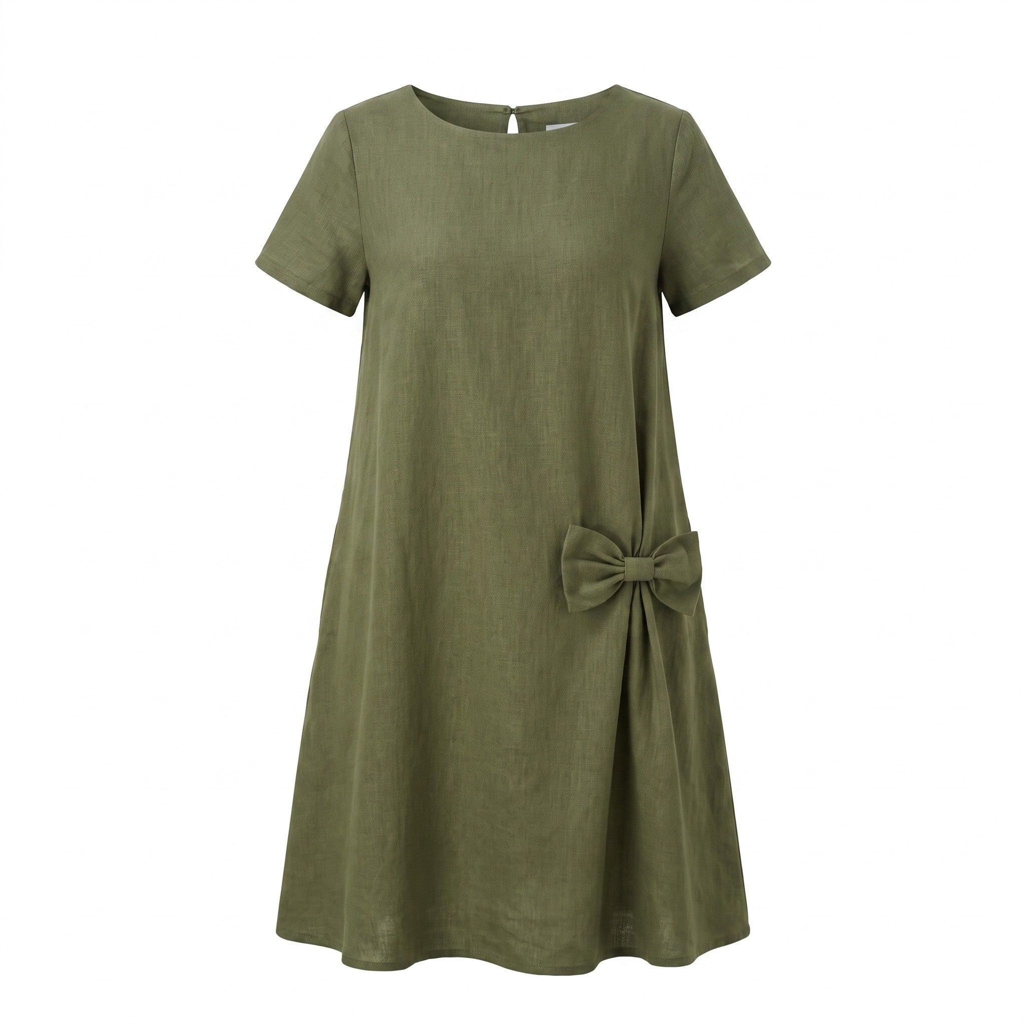 An olive green short-sleeve linen dress with a large decorative bow detail on the side, shown against a plain white background.