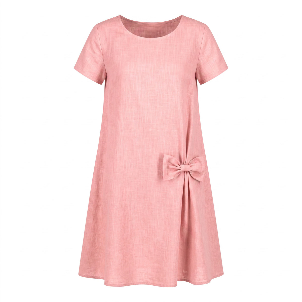 A light pink short-sleeve linen dress with a round neckline and a decorative bow detail on the front, shown against a plain white background.