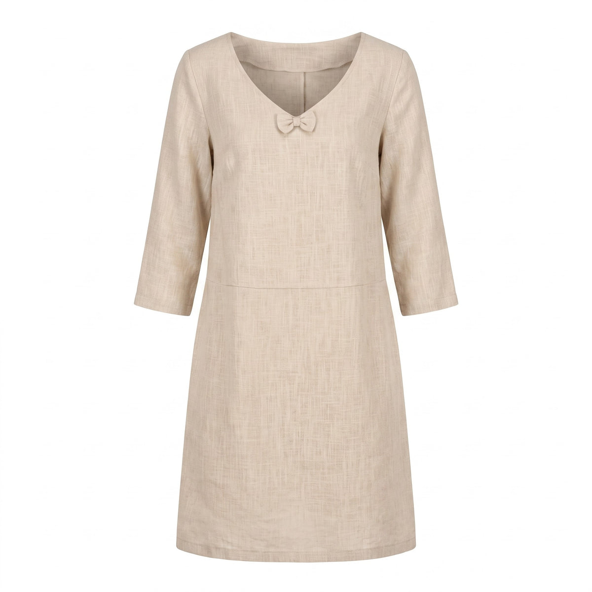 A light beige linen dress with three-quarter sleeves and a small decorative bow at the neckline, shown against a plain white background.