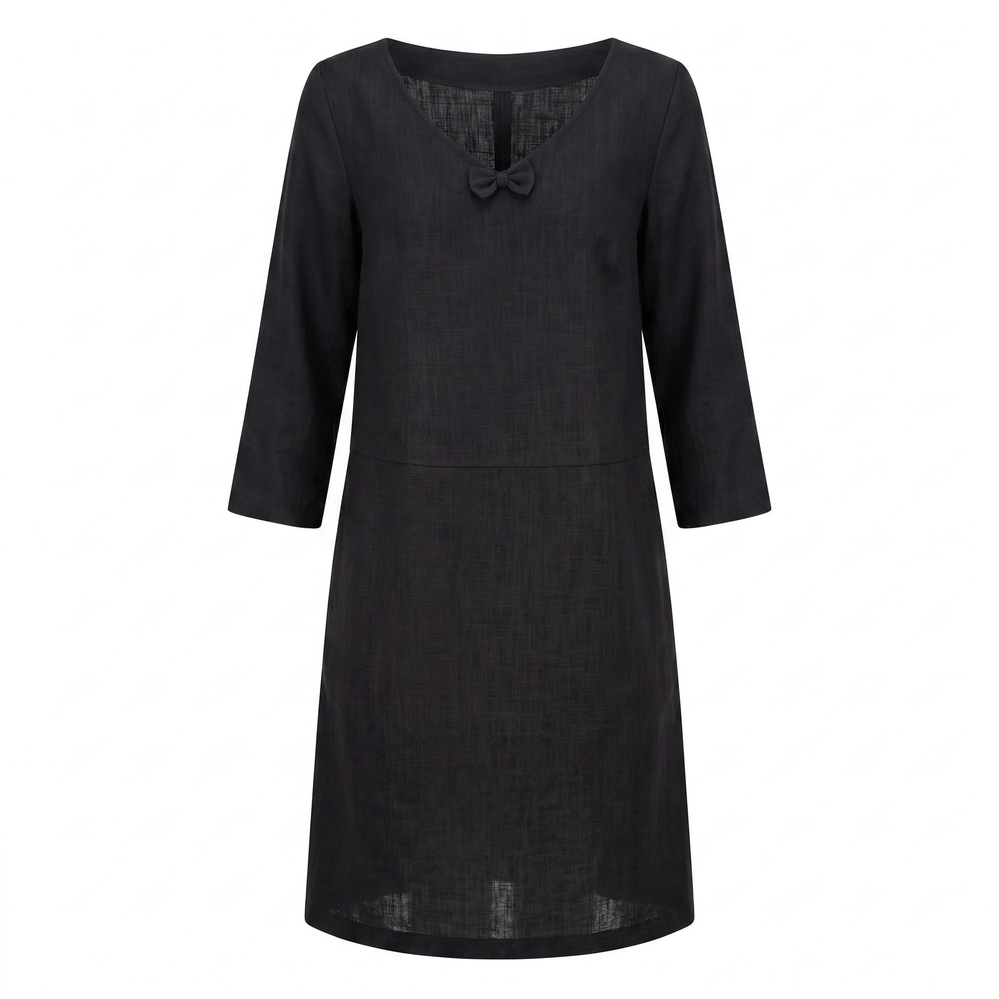 A dark charcoal gray linen dress with three-quarter sleeves, a wide scoop neckline, and a small bow detail at the center chest, shown against a plain white background.