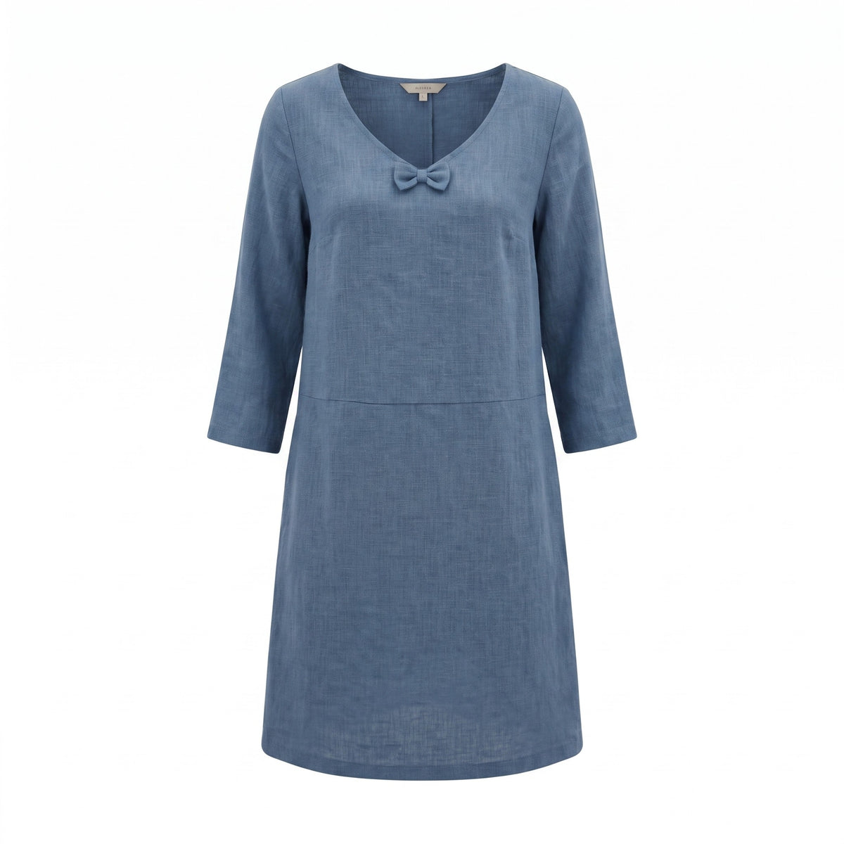 A dusty blue linen dress with three-quarter sleeves and a matching fabric bow detail at the scoop neck, shown against a plain white background.