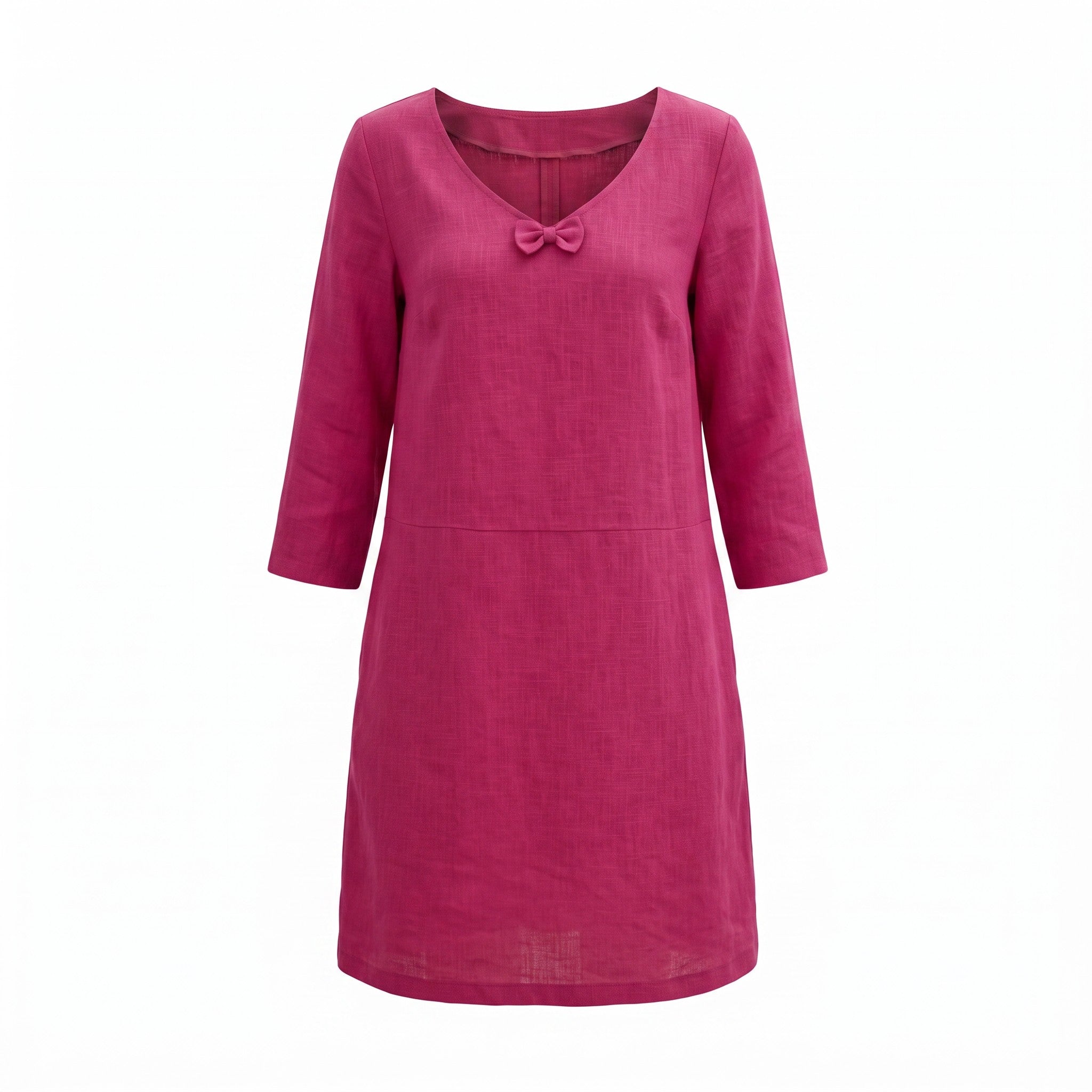 A magenta pink linen dress with three-quarter sleeves and a small matching fabric bow at the neckline, displayed on a clean white background.