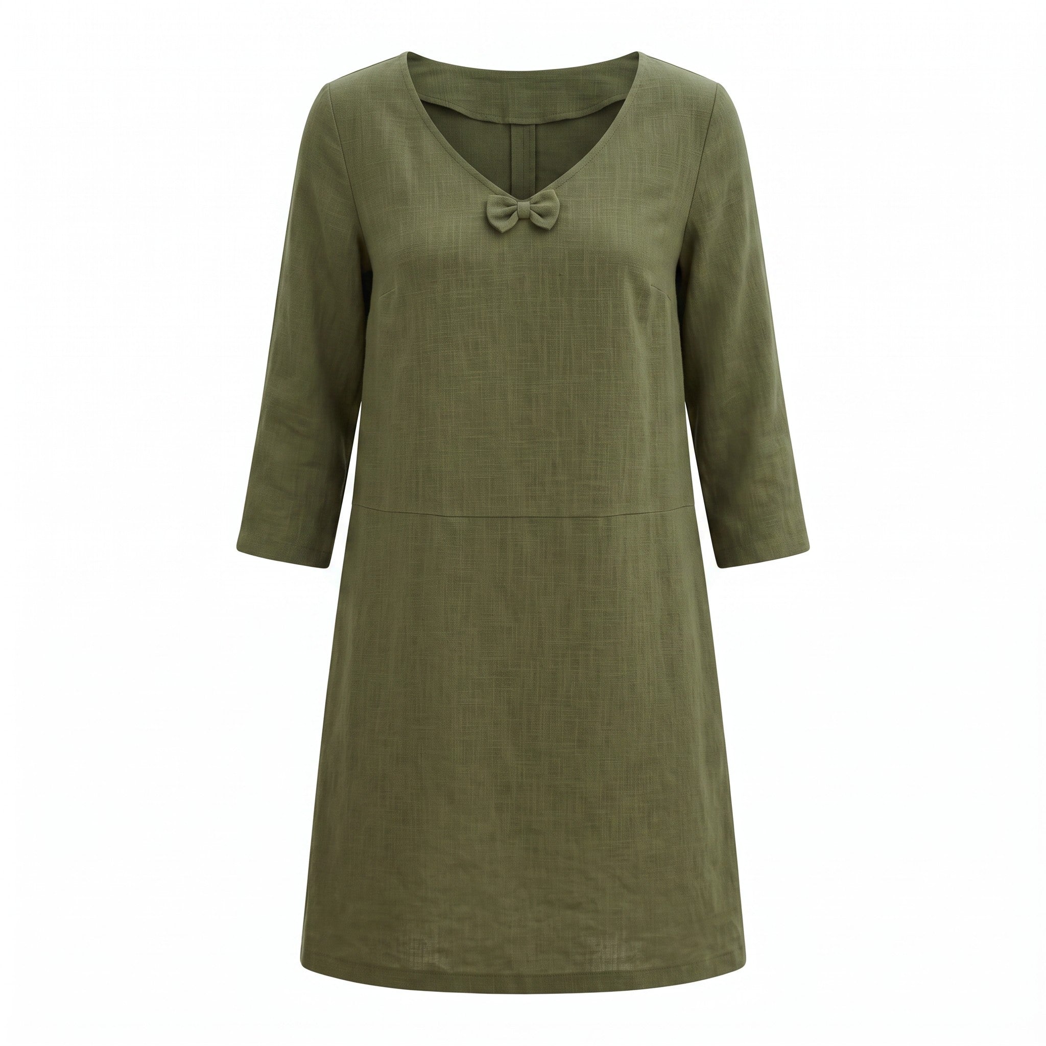 An olive green linen dress with three-quarter sleeves, a split neckline, and a small decorative bow at the center, shown against a plain white background.