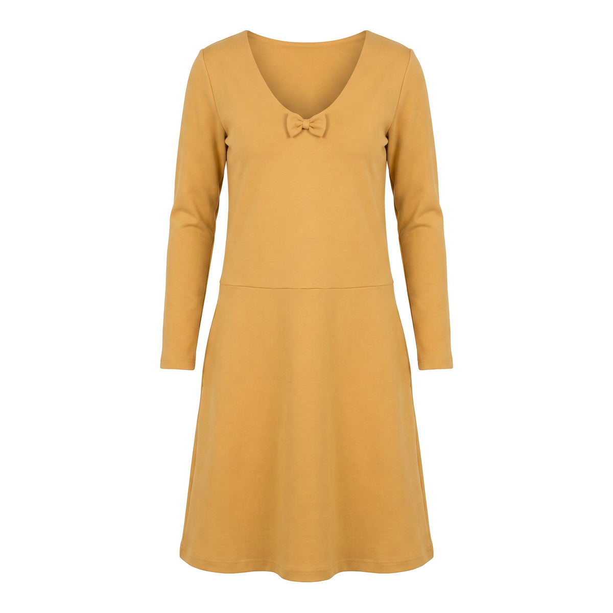 A mustard yellow long-sleeve dress with a V-neckline and a small bow detail at the center chest, shown against a plain white background.